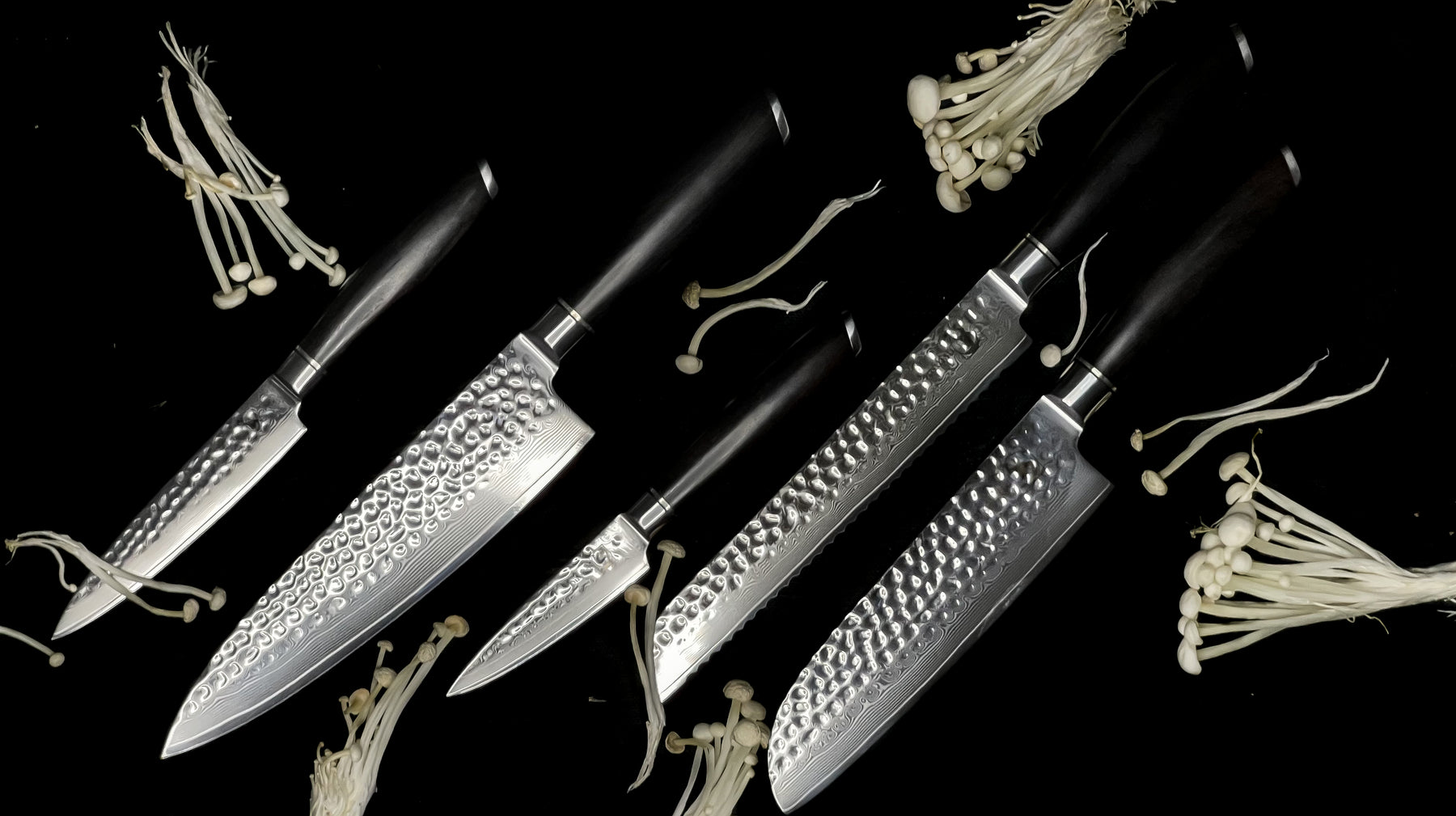 Kaki knivset med 5 köksknivar - skaft av ebenholts
